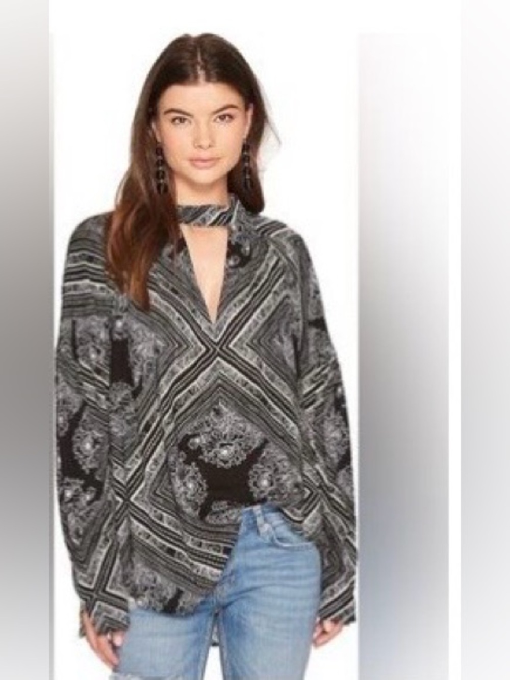 Free People Black Floral & Stripe Keyhole Peasant Blouse Size Medium